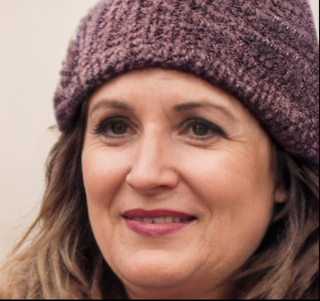 A smiling woman with wavy hair wearing a purple knit beanie and subtle pink lipstick