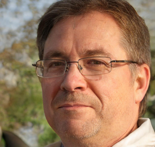 Close-up portrait of a man with salt-and-pepper hair, glasses, and a light mustache, smiling warmly