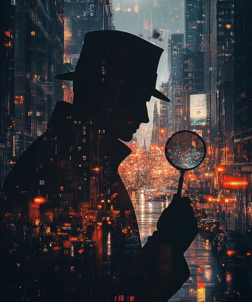 Silhouette of a detective with a magnifying glass against a glowing, rainy night city backdrop