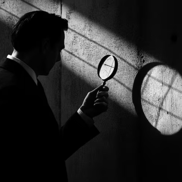 Black and white image of an investigator examining a wall with a magnifying glass