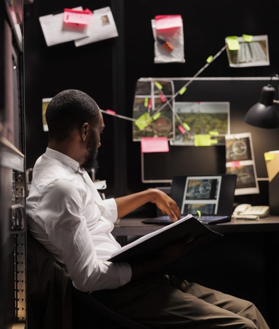 Policeman stuying crime case and analyzing photos on laptop, sitting at desk with evidence scheme board on wall. Investigator checking surveillance camera photographs on computer